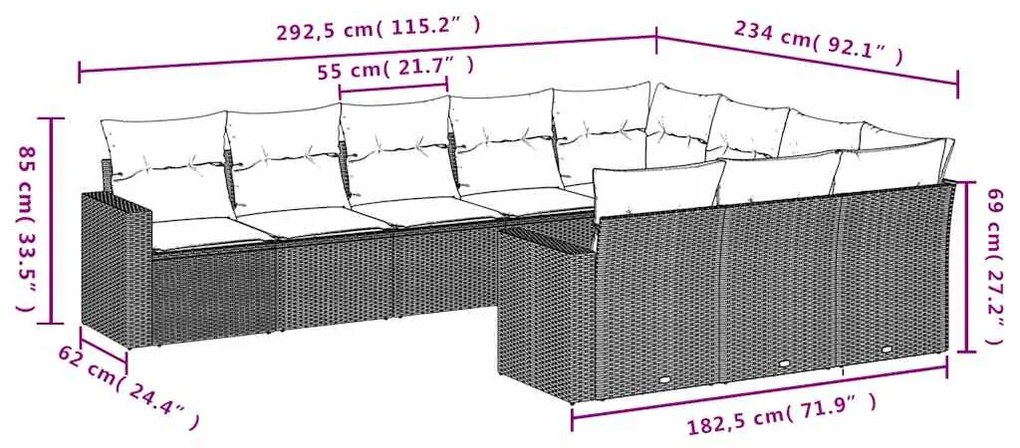 10 pcs conj. sofás jardim com almofadões vime PE cinzento-claro