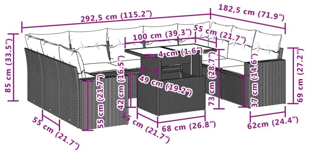 10 pcs conj. sofás jardim com almofadões vime PE cinzento-claro