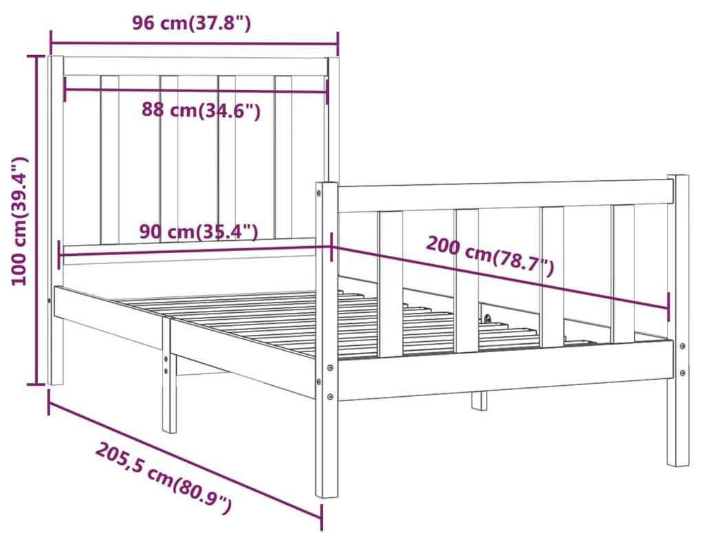 Estrutura de cama 90 x 200 cm madeira maciça