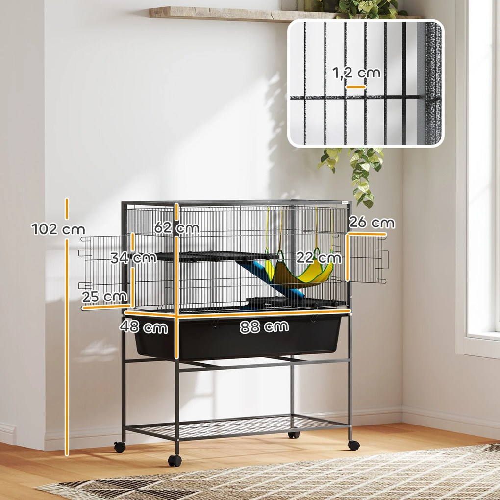 Gaiola para Animais Pequenos de 3 Níveis com Rodas Rampas e Bandeja Amovível Recinto para Roedores 88x48x102 cm Cinza Escuro