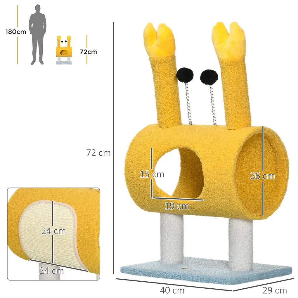 Árvore Arranhador para Gatos Altura 72cm Postes com Forma de Caranguejo Torre para Gatos com Orifício e Bolas Divertidas 40x29x72cm Amarelo