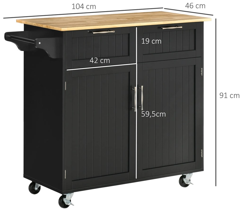 Carrinho de Cozinha com Rodas Móvel Auxiliar de Cozinha com 2 Gavetas 2 Portas Prateleira Ajustável 104x46x91 cm Preto