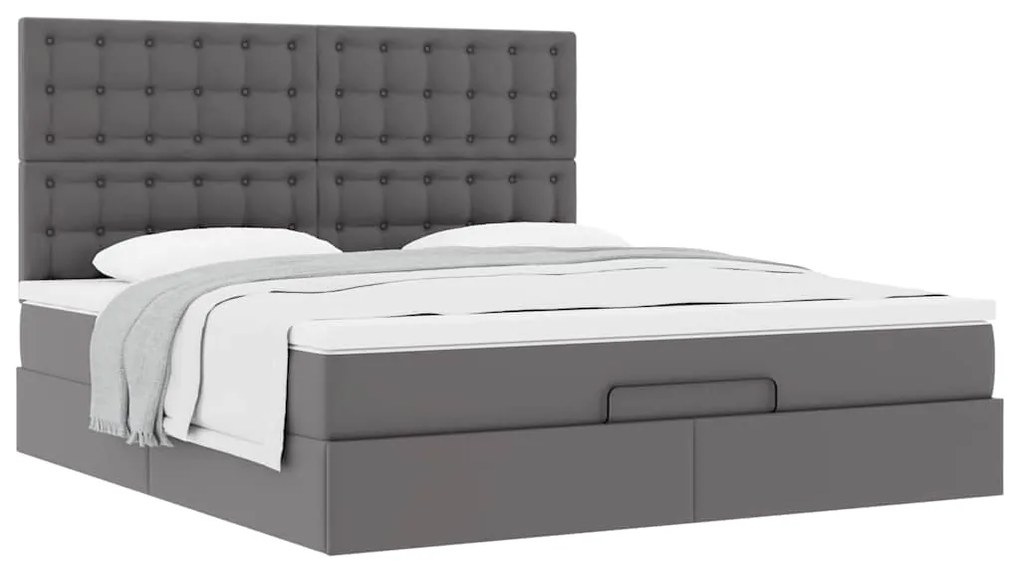 Estrutura de cama otomana com colchão cinza couro falso