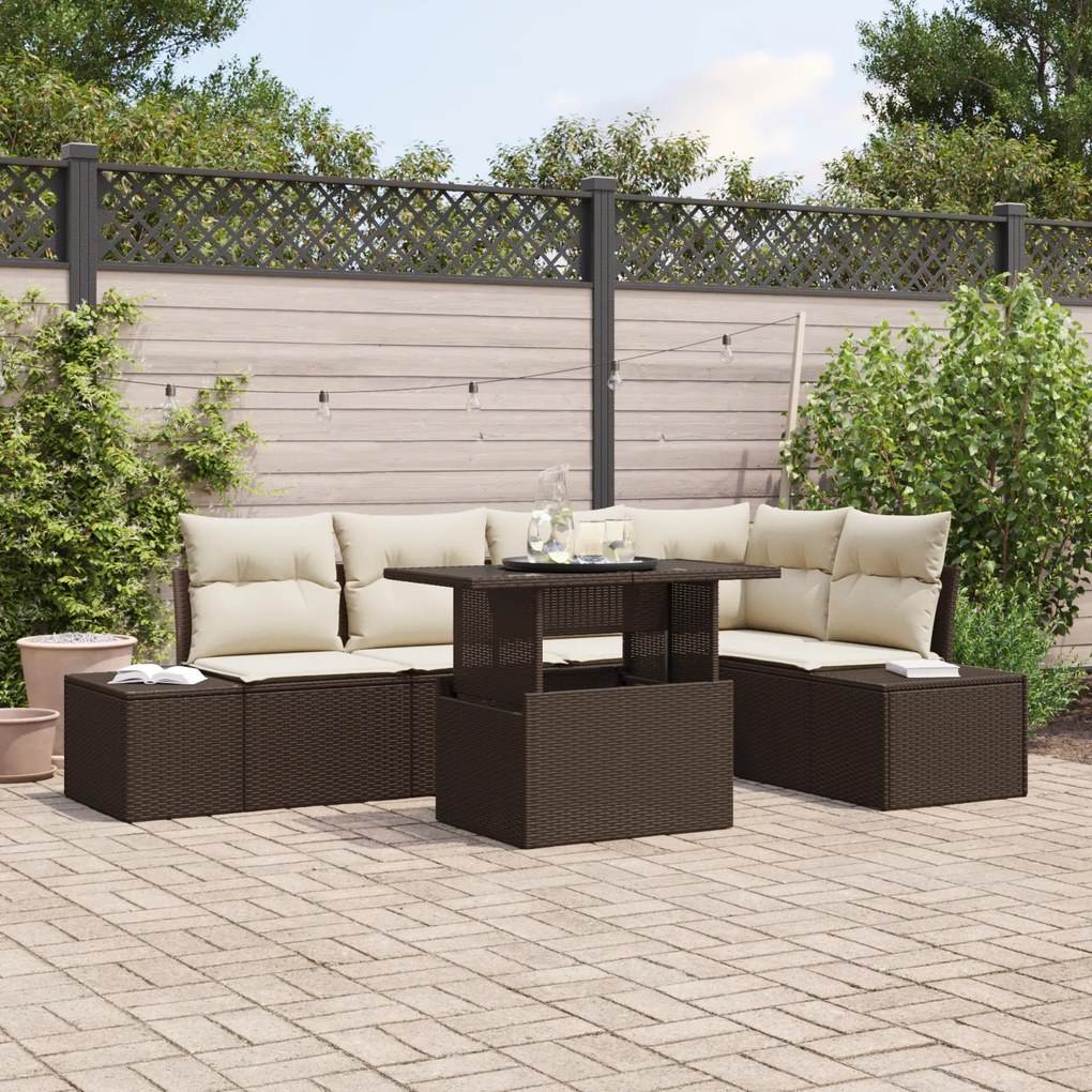 Conjunto de Sofá de Jardim com 6 Peças e Almofadas Castanho em Rattan