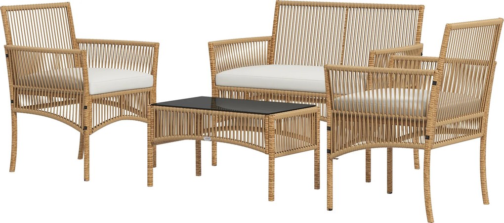 Outsunny Conjunto de Móveis de Jardim de Vime de 4 Peças de Varanda com 1 Sofá de 2 Lugares 2 Poltronas e Mesa de Centro Bege | Aosom Portugal