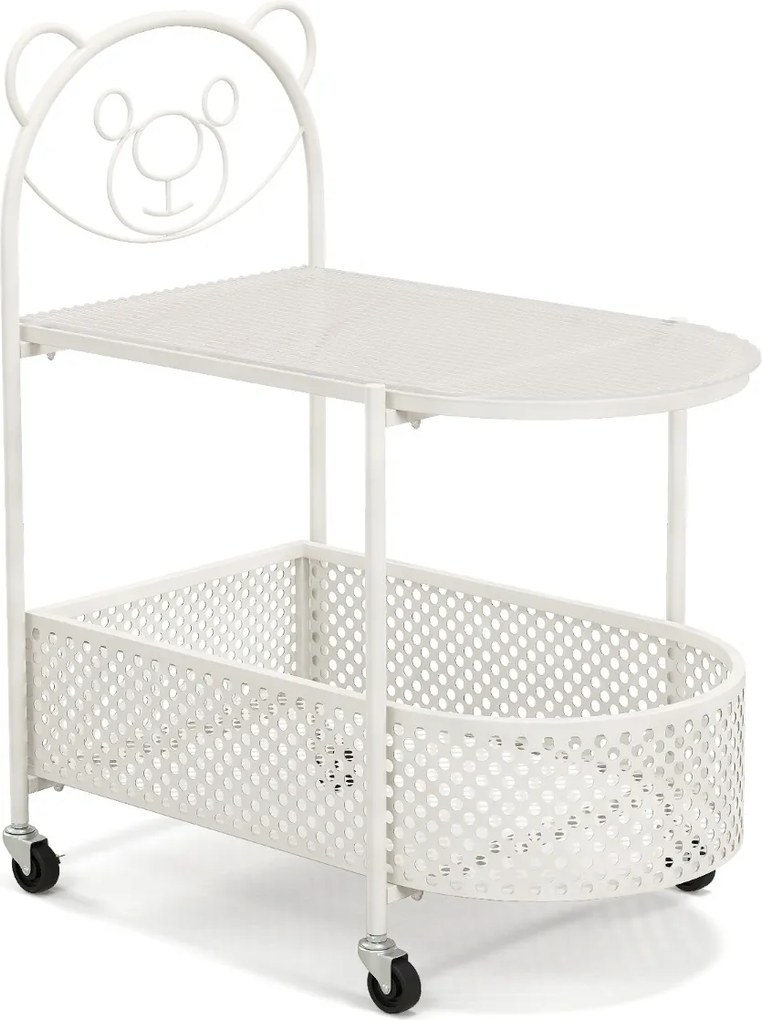 Mesa lateral de vidro móvel moderna de 2 níveis com padrão de urso Cesto de metal Rodas para sala de estar Quarto de estudo Branco