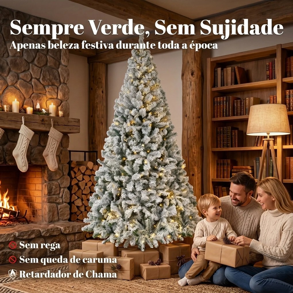 Árvore de Natal nevada com luzes LED 200 cm, abeto Fraser, ramos articulados, base metálica dobrável, verde e branco