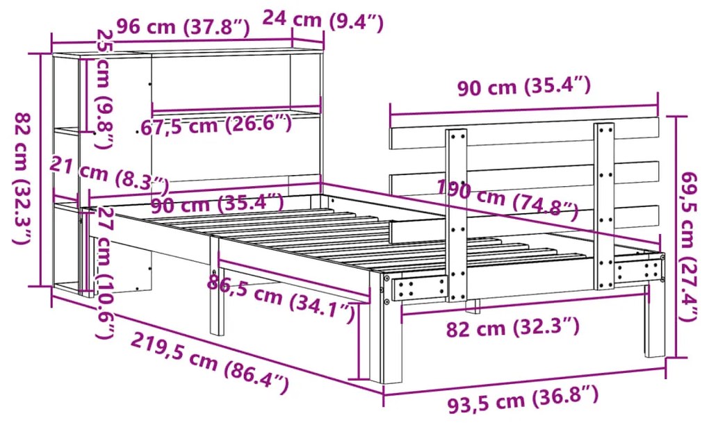Cama com estante sem colchão 90x190cm pinho maciço castanho-mel