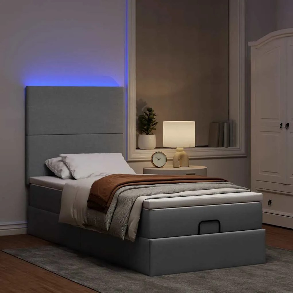 Cama Otomana com colchão & LEDs 90x200 cm tecido cinzento claro