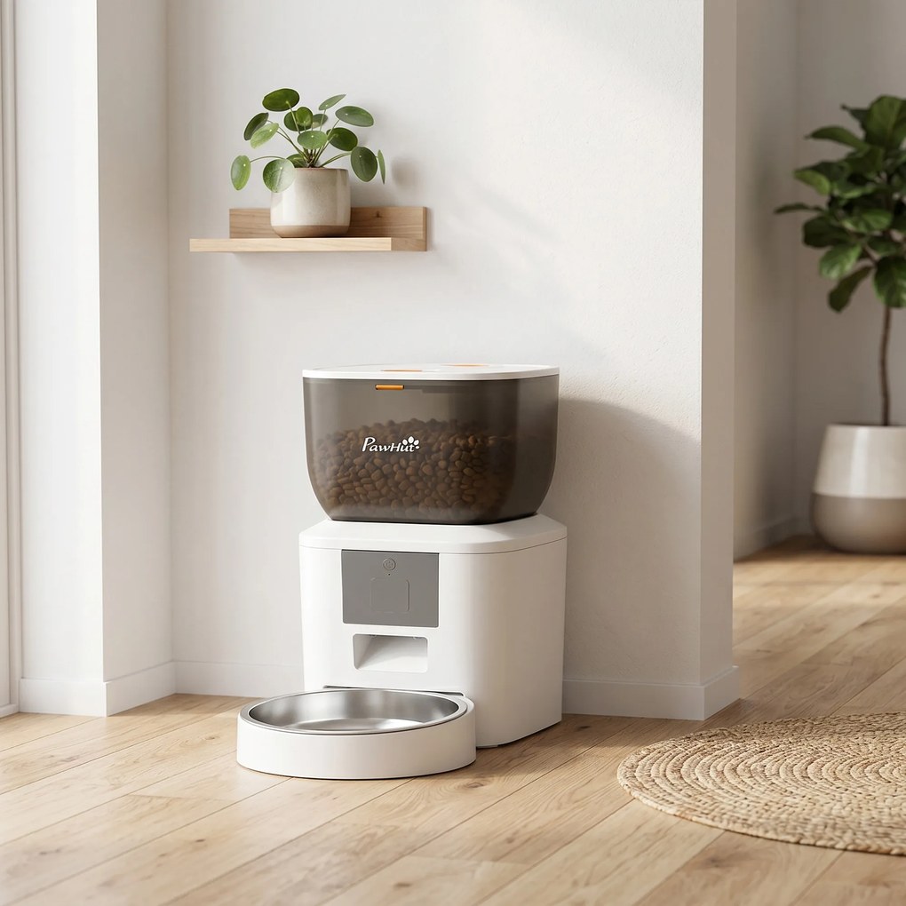 Dispensador Automático de Ração para Gatos 4 L App de Controlo com Gravador 10 s, Taça, Branco