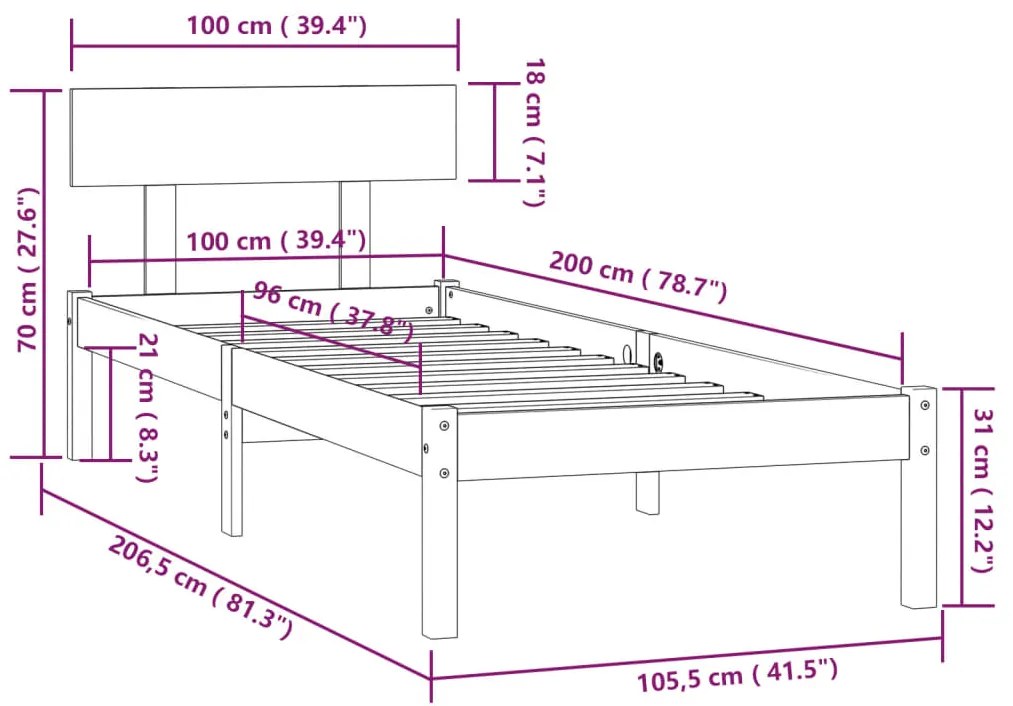 Estrutura de cama 100x200 cm pinho maciço cinzento