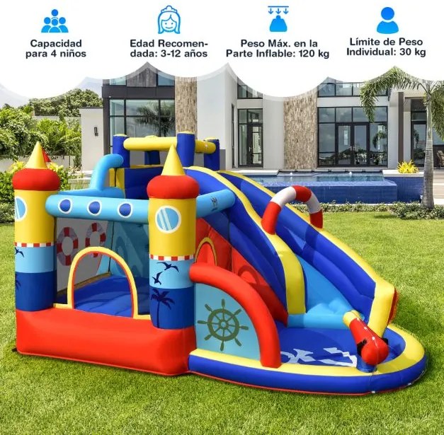 Castelo insuflável com compressor de 450 W Parque aquático infantil 6 em 1 com escorrega Área para saltar Piscina em forma de barco 360 x 290 x 200 cm