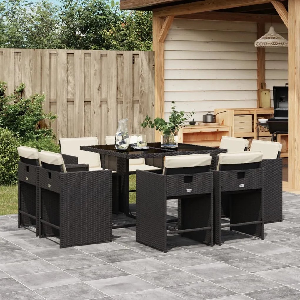 vidaXL 9 pcs conjunto de jantar p/ jardim c/ almofadões vime PE preto