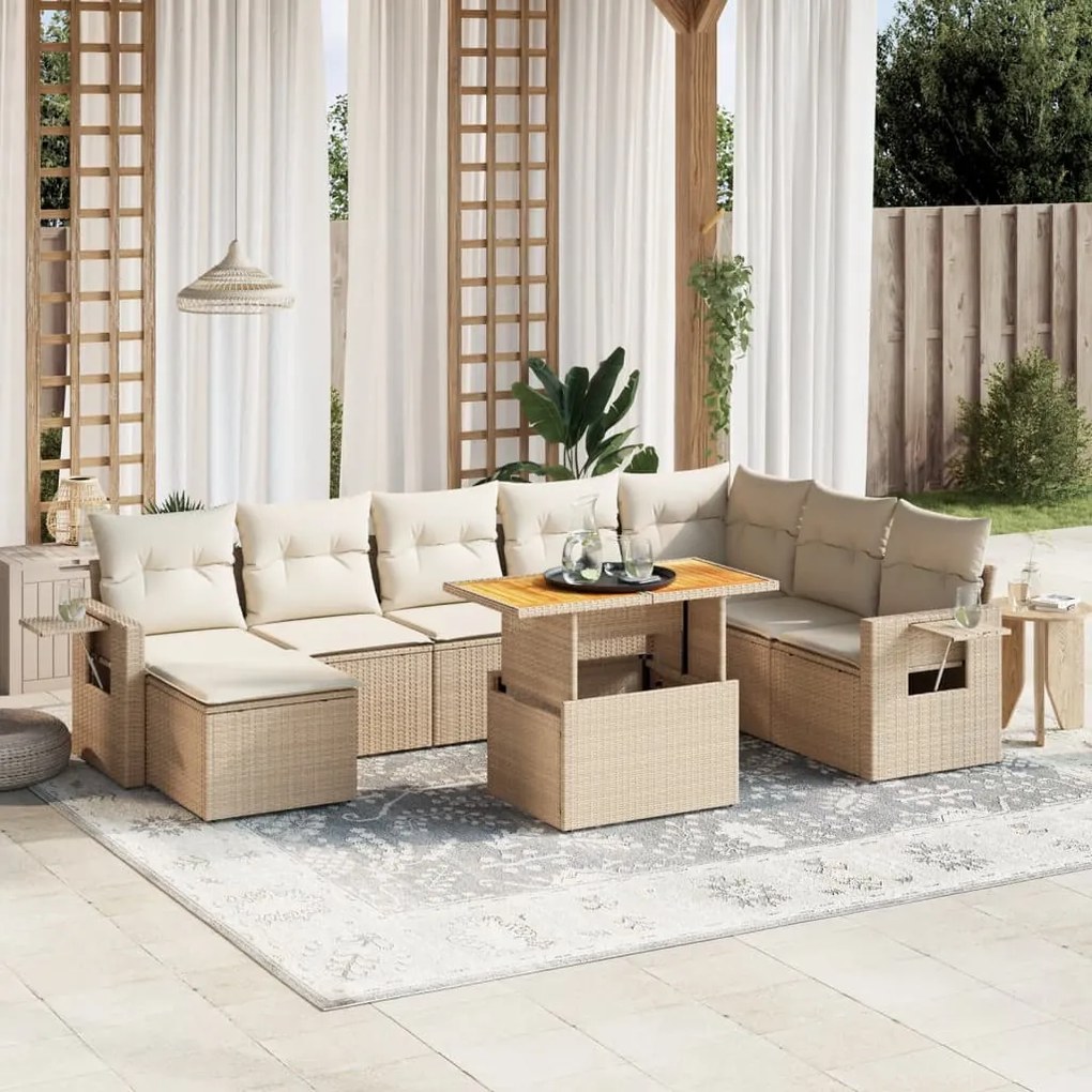 9 pcs conjunto de sofás p/ jardim com almofadões vime PE bege