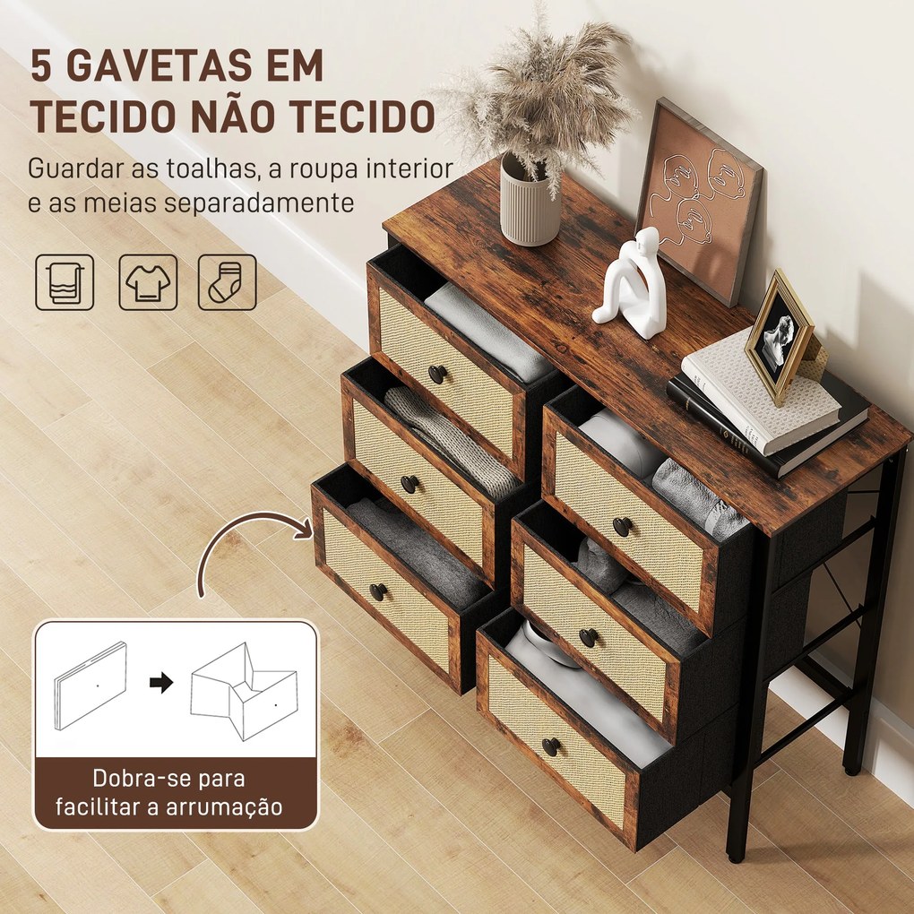 Cómoda para Dormitório Cómoda de Tecido com 6 Gavetas Dobráveis com Fr