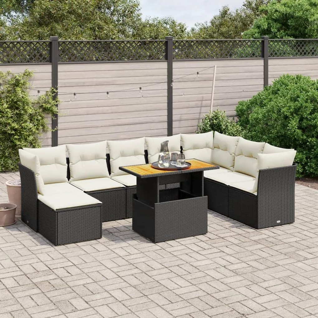 vidaXL 9 pcs conjunto de sofás p/ jardim c/ almofadões vime PE preto