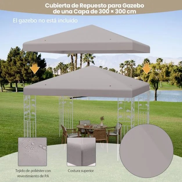 Toldo de Reposição para Tenda (NÃO INCLUIDA) de 300 x 300 cm com Fecho de Gancho e Velcro Orifícios de Drenagem Cinza