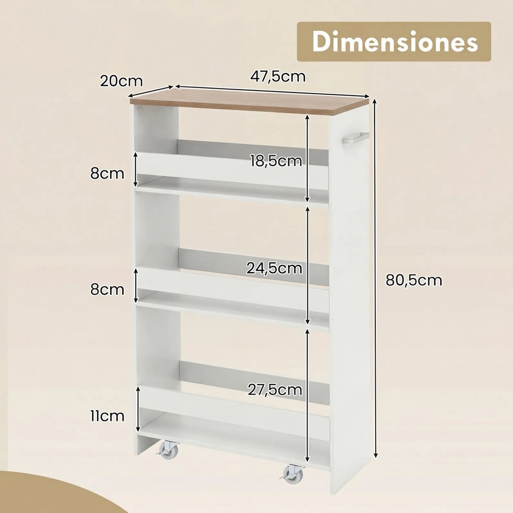 Carrinho de Arrumação Estreito para Cozinha, 47,5 x 20 x 80,5 cm, 4 Níveis, Carvalho+Branco