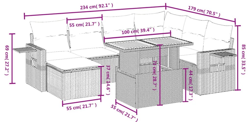 8 pcs conjunto de sofás p/ jardim com almofadões vime PE bege