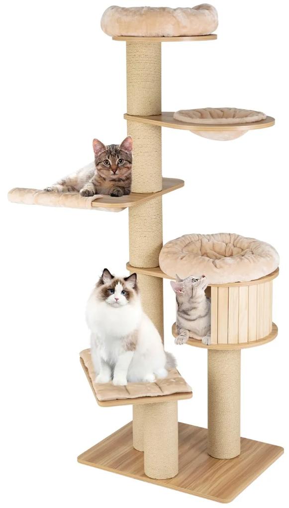 Arranhador para gatos altos com 4 postes de sisal para iniciar centro de atividades plataforma pelucia para gatos 75 x 56 x 174 cm Natural