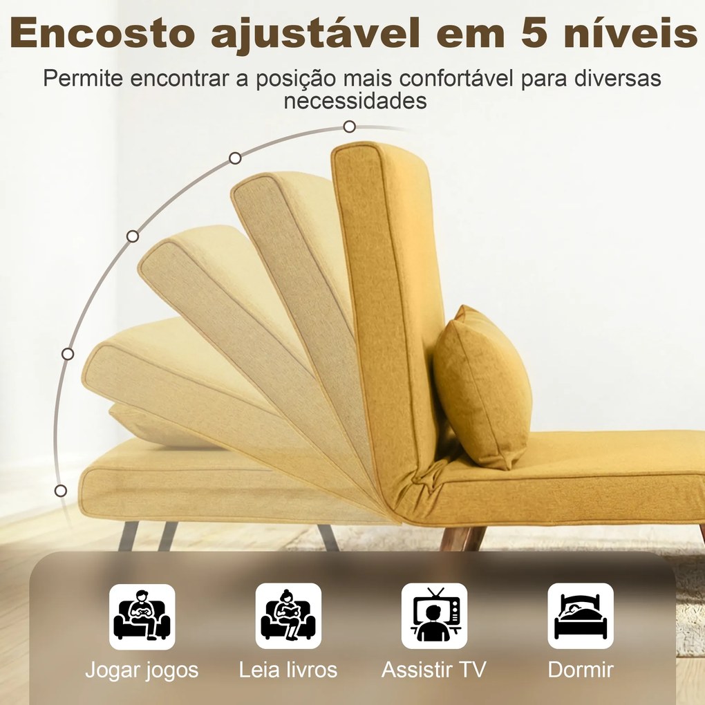 Sofá-Cama Individual Dobrável com Encosto Ajustável em 5 Posições, Sofá-Cama Estofado com Almofada 72x75x85 cm Amarelo