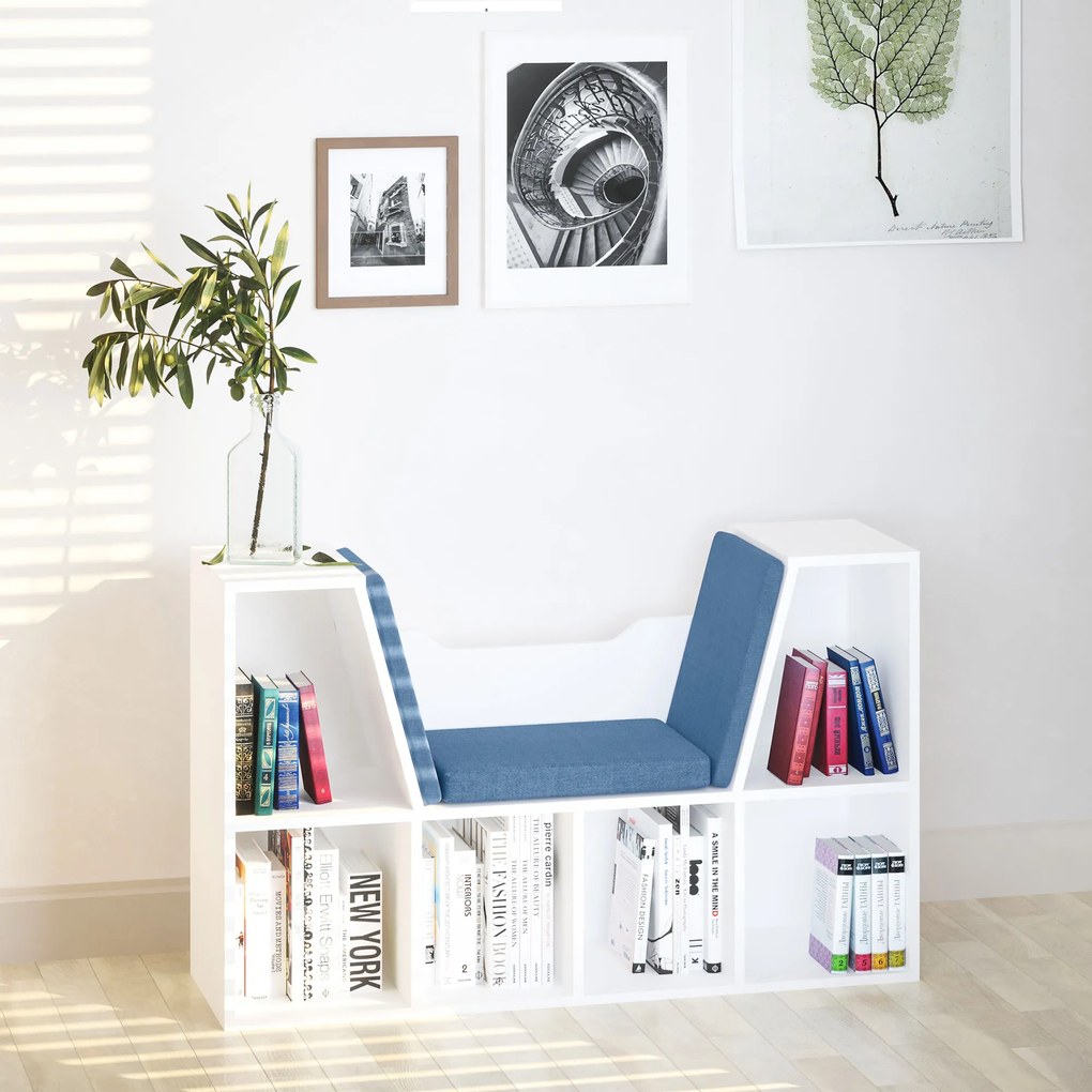 Estante para Livros com Banco Integrado e 6 Cubos com Assento 102x30x61 cm Branco e Azul