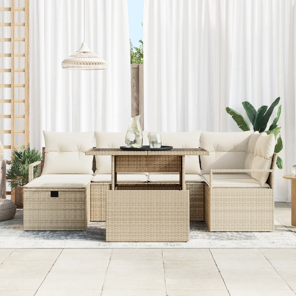 Conjunto de Sofás vidaXL de 7 Peças para Jardim com Almofadas Bege Rat
