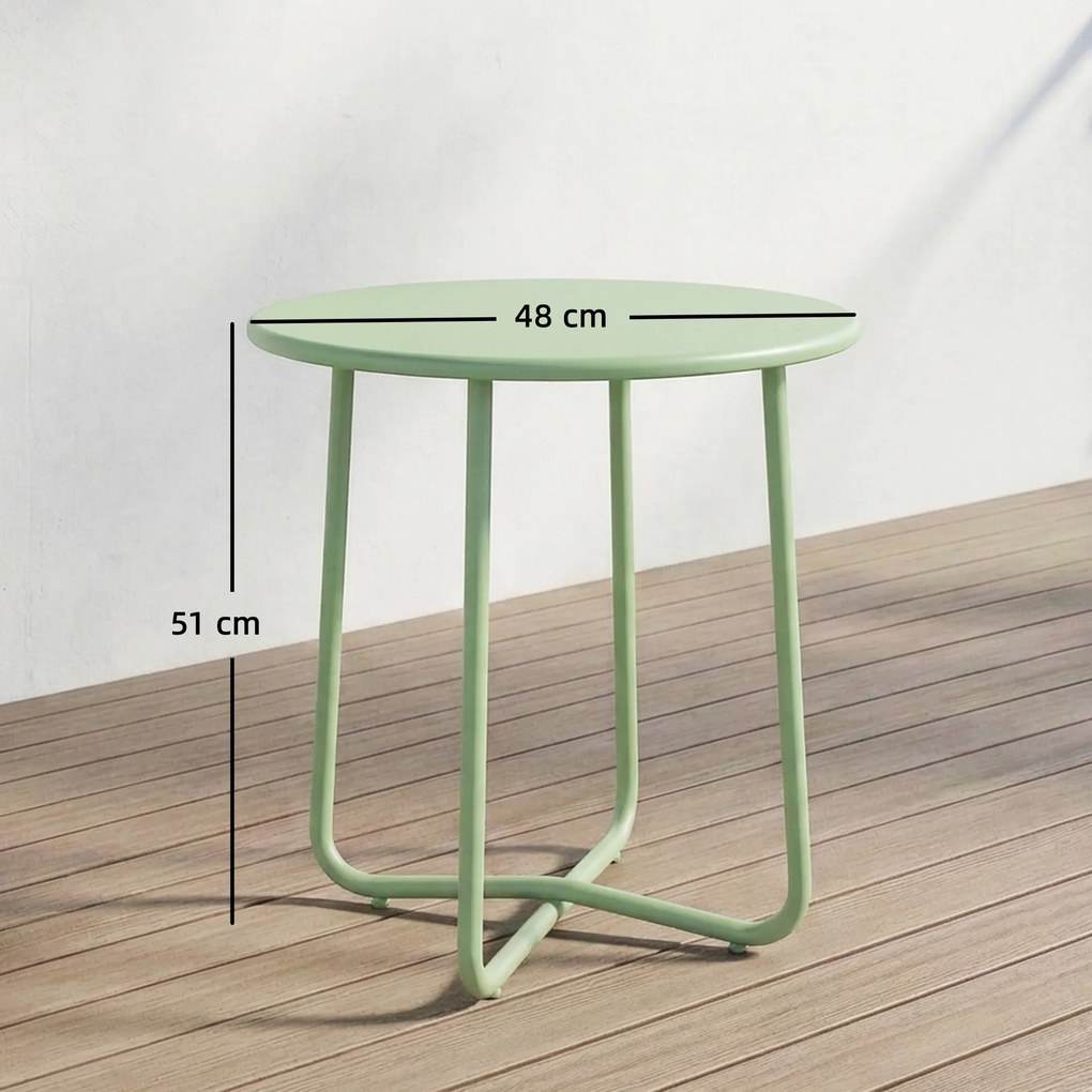 Mesa de centro de jardim com borda enrolada Ø48x51 cm,, base em X com pés ajustáveis em altura, para sala de estar na esplanada, verde