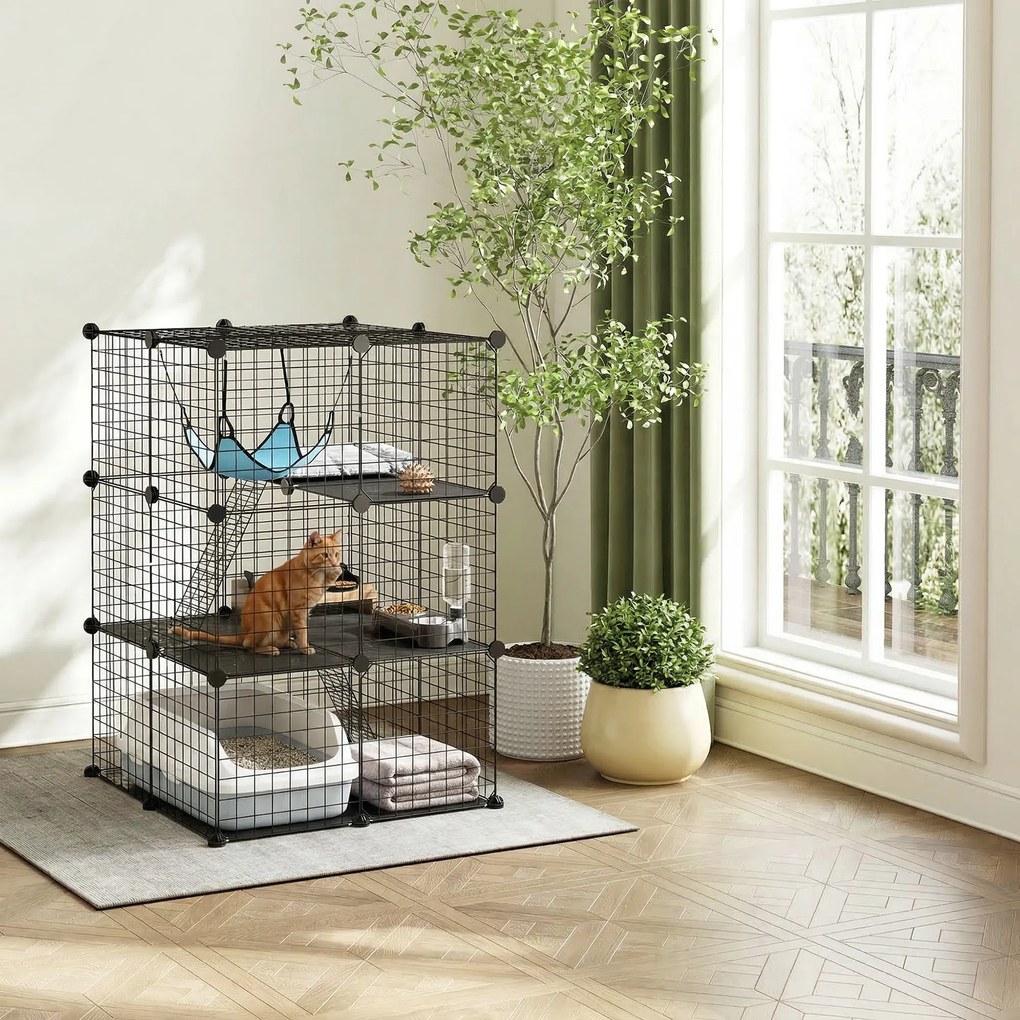 Gaiola Interior para Gatos de 3 Níveis em Aço com 3 Portas, 2 Escadas e Rede, 70x70x105 cm, Preto