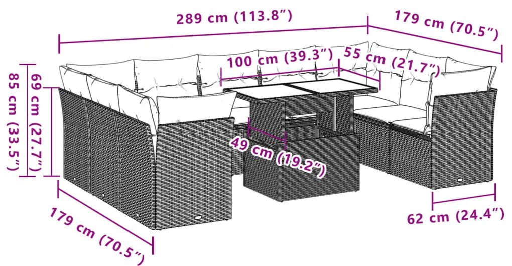 10 pcs conjunto sofás de jardim c/ almofadões vime PE preto
