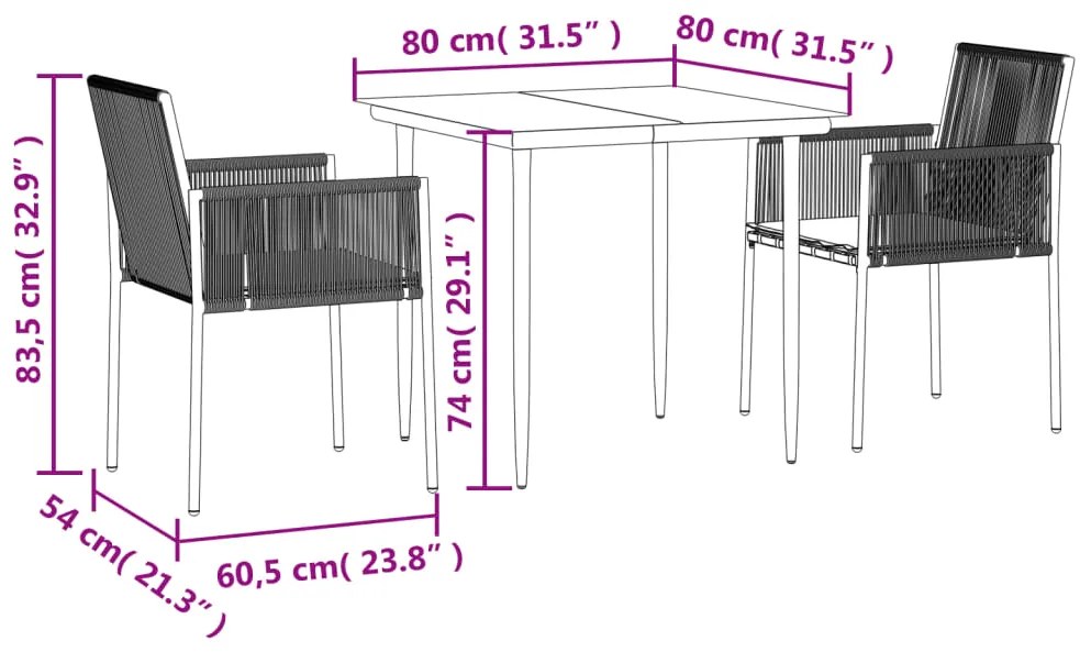 3 pcs conjunto jantar p/ jardim c/ almofadões vime PE/aço preto