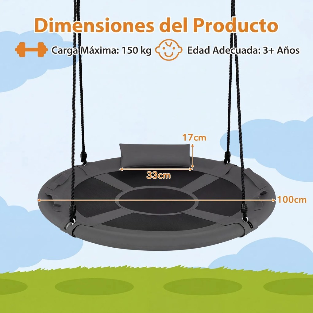Baloiço redondo para crianças de 100 cm com correias ajustáveis, apoio de cabeça macio e alças, para uso interior e exterior, capacidade de 150 kg, a
