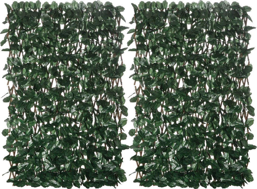 2 painéis de Sebe artificial 295 x 70 cm com folhas para parede, que protege da vista, comprimento ajustável, treliça extensível em PE verde