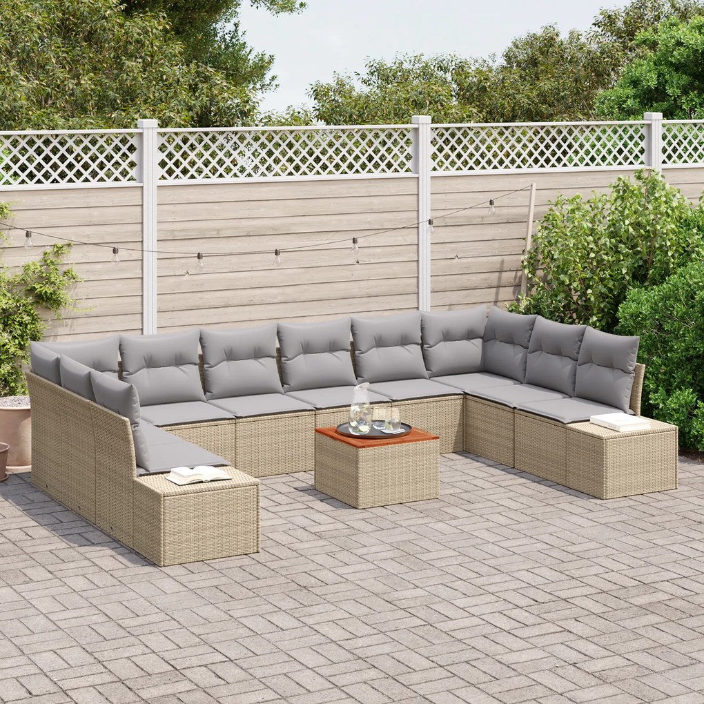 Conjunto de Sofá de Jardim de 11 Peças com Almofadas Bege de Rattan Po