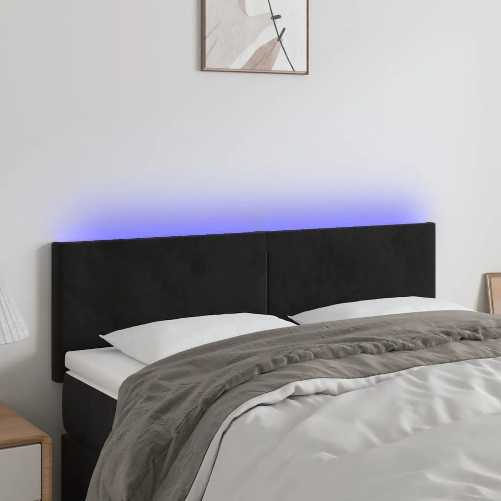 Cabeceira de cama c/ luzes LED veludo 144x5x78/88 cm preto