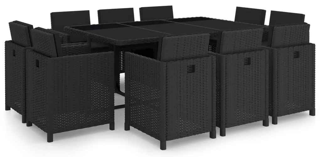 11 pcs conjunto jantar exterior com almofadões vime PE preto