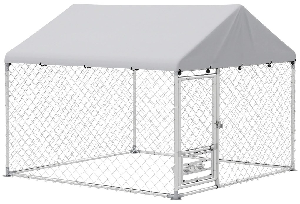 PawHut Canil Exterior com Toldo 2x2x1,54 m Gaiola para Cães em Aço Galvanizado com Teto Impermeável Suporte para Comida Giratório e Ajustável 2 Tigelas para Cães Médios e Pequenos Prata
