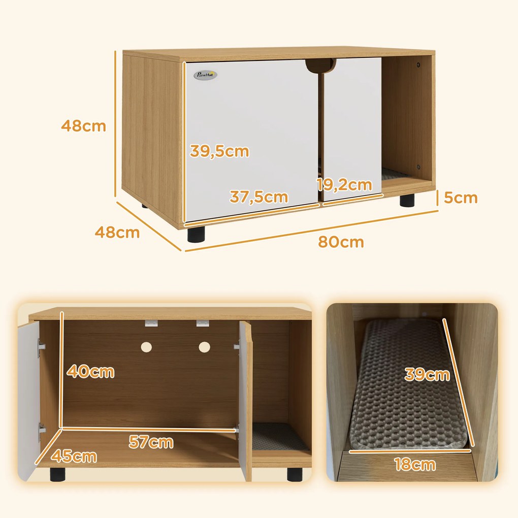 Móvel para areia de casa de banho para gatos com pés, 2 em 1 (CAIXA AREIA NÃO INCLUIDA), portas em estilo escandinavo, 80 x 48 x 48 cm, natural e bran
