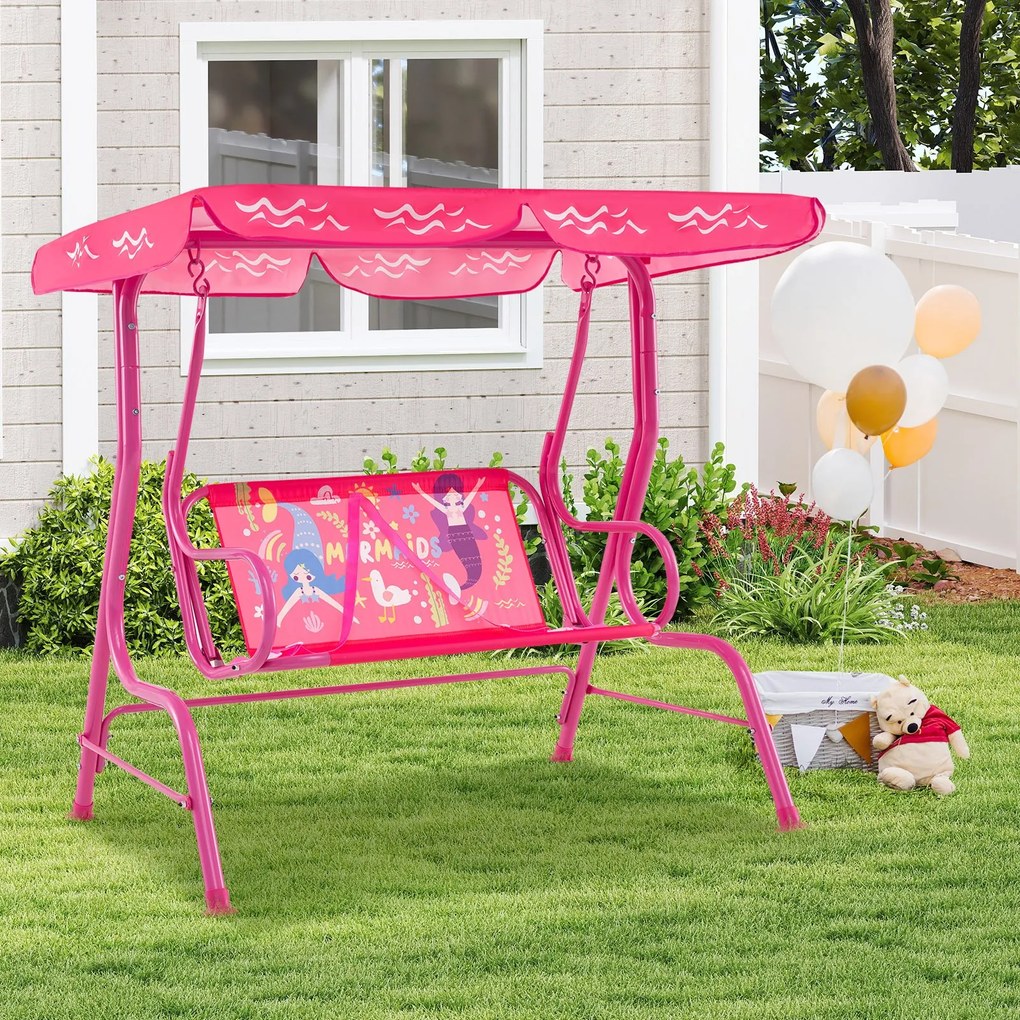 Baloiço infantil Hollywood para 2 crianças com toldo ajustável e estrutura metálica Rosa