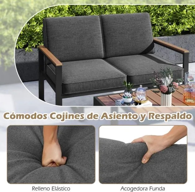 Conjunto de móveis de jardim em alumínio com Sofá seccional estofado cinzento e com mesa de centro almofadas cinzentas