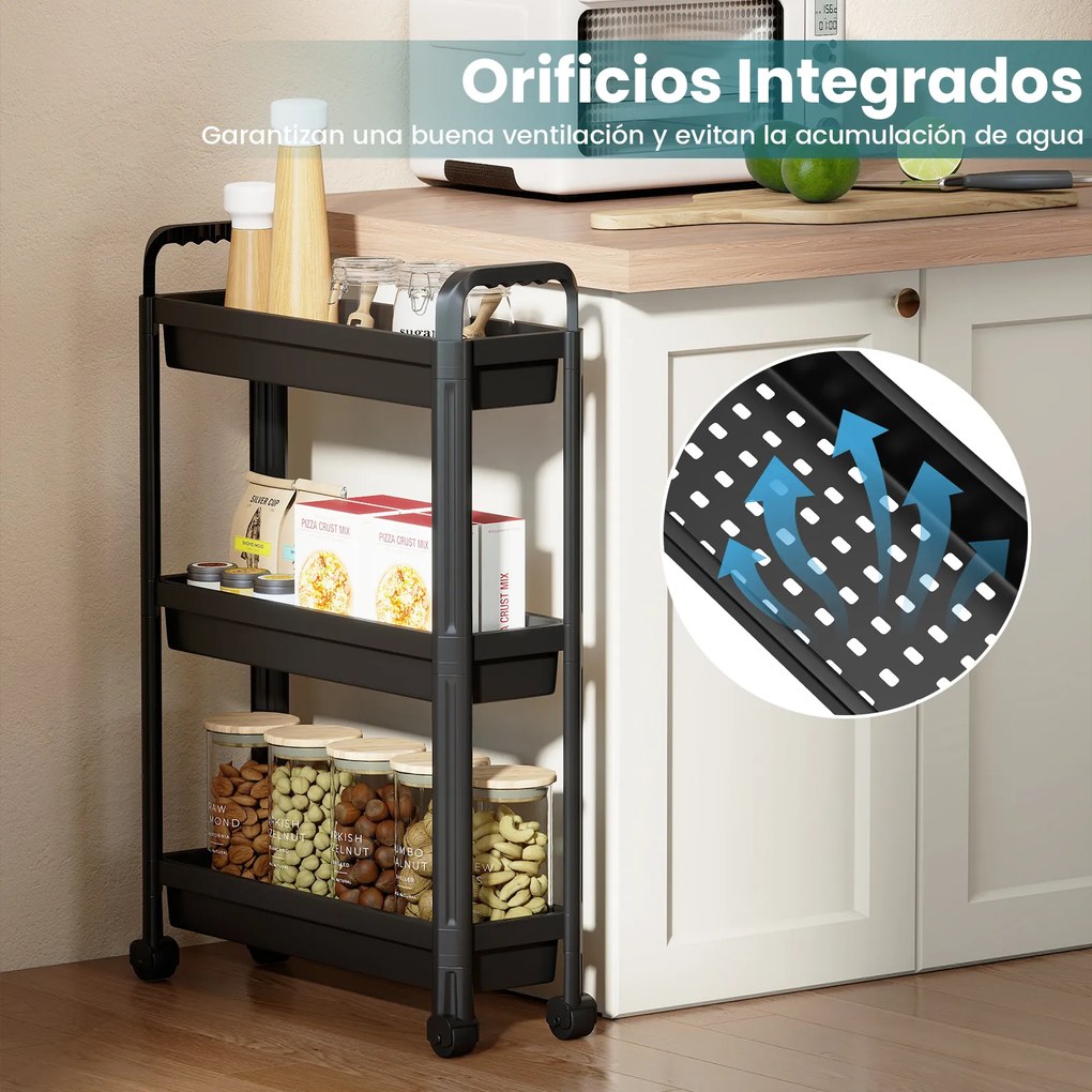 Carrinho estreito de 3 níveis com rodas e pegas54×18,5×76 cm Organizador móvel para cozinha, casa de banho, lavandaria e escritório Preto