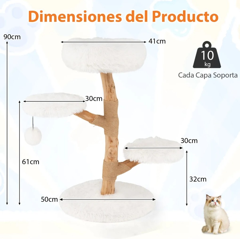 Torre para gatos em madeira maciça de pereira 50 x 90 cm (diâmetro x altura) com plataforma, bola suspensa e postes para arranhar brancos