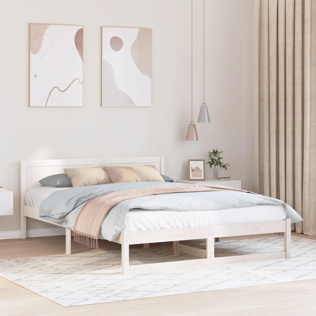 Estrutura de Cama Branca Madeira de Pinho Maciça 140 x 200 cm