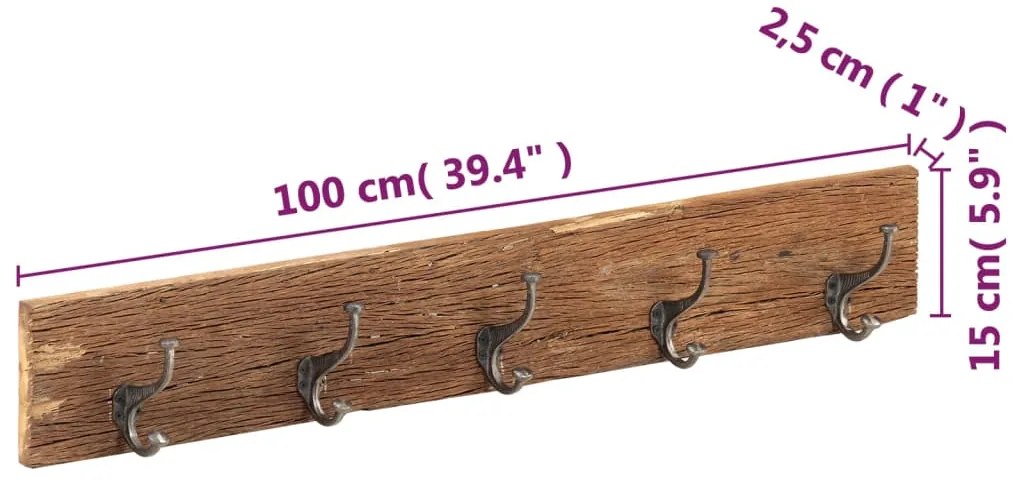 Bengaleiro com 5 ganchos 100x2,5x15cm madeira recuperada maciça