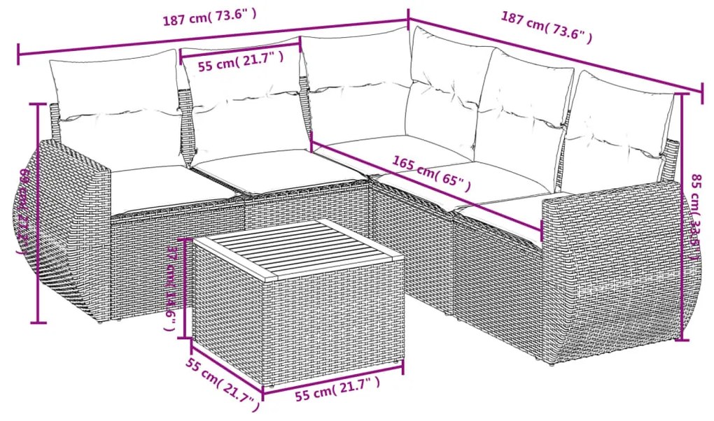 6 pcs conjunto de sofás p/ jardim com almofadões vime PE bege