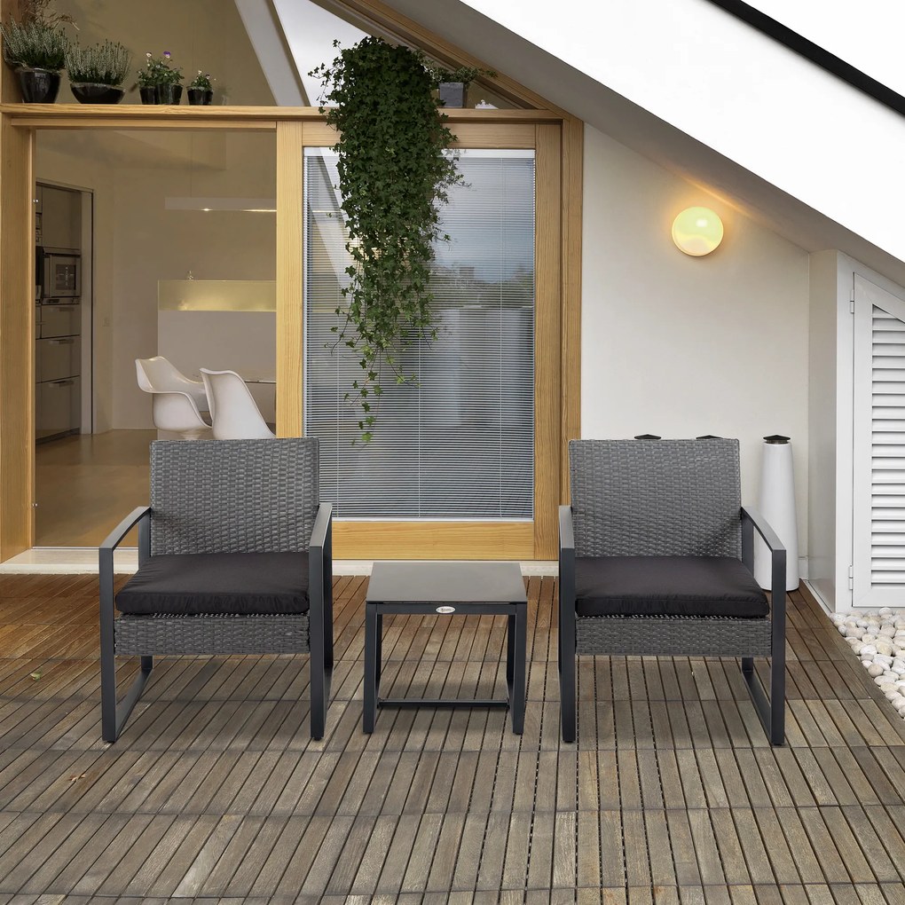 Conjunto de Móveis de Jardim de Vime 3 Peças com 1 Mesa 42,5x40x39 cm 2 Poltronas 63x57x76 cm Cinzento e Preto