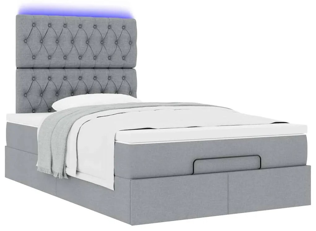 Estrutura de cama otomana com colchão cinza claro tecido