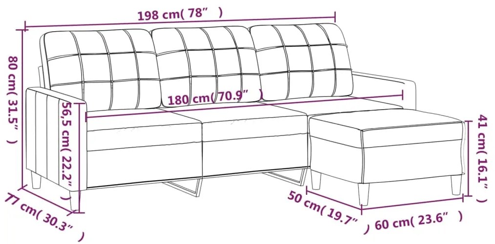 Sofá de 3 lugares com apoio de pés 180 cm tecido cor creme