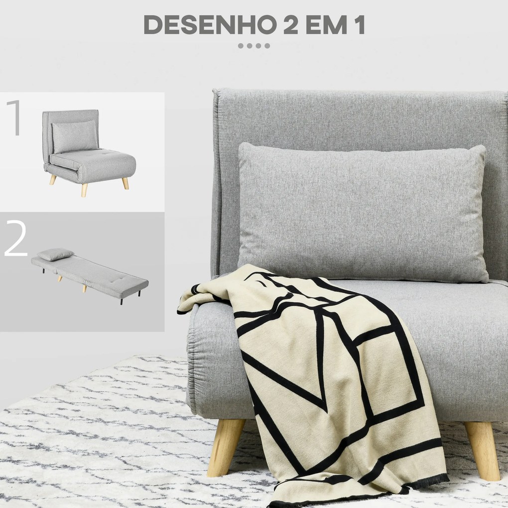 Poltrona 2 em 1 Sofá Cama Individual Dobrável com Encosto Ajustável e Almofada Carga 150 kg 72x78x79 cm Cinza