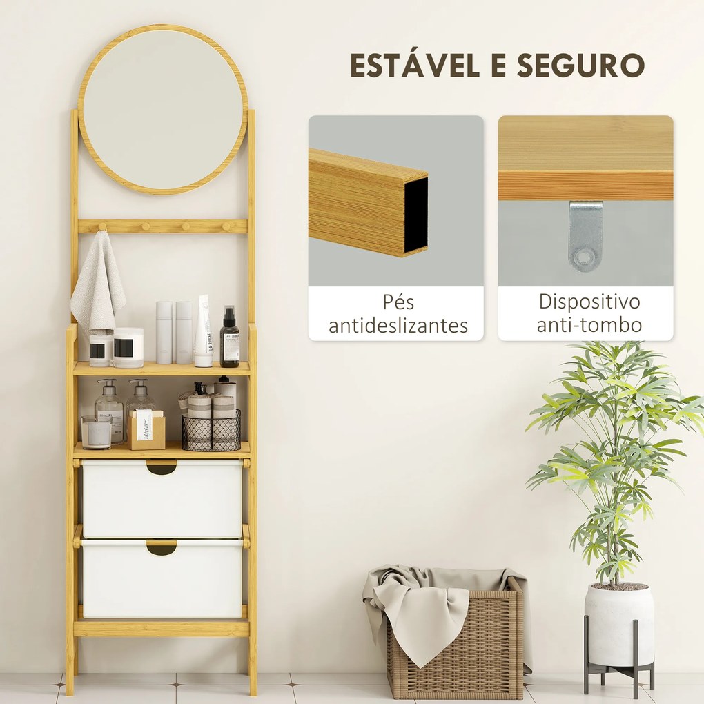 Estante de Casa de Banho em Bambu com Espelho Estante de Arrumação com 2 Gavetas de Tecido 48,5x30x170 cm Madeira